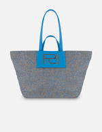 Tote azul en rafia para mujer con panel frontal texturizado