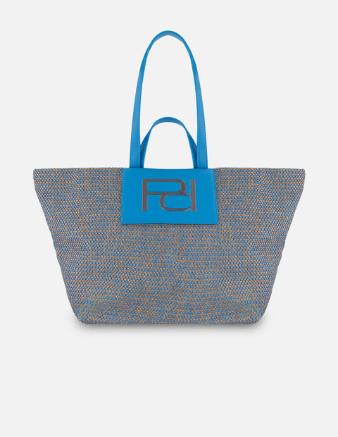 Tote azul en rafia para mujer con panel frontal texturizado