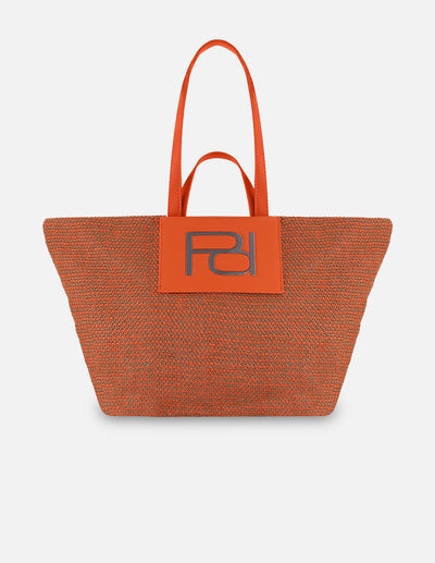 Tote naranja en rafia para mujer con acabado tejido