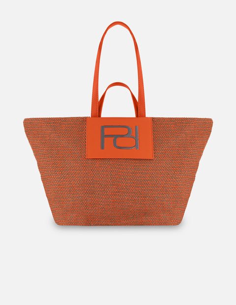 Tote naranja en rafia para mujer con acabado tejido