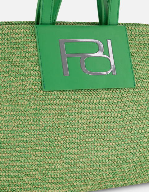 Tote verde en rafia para mujer con parche frontal