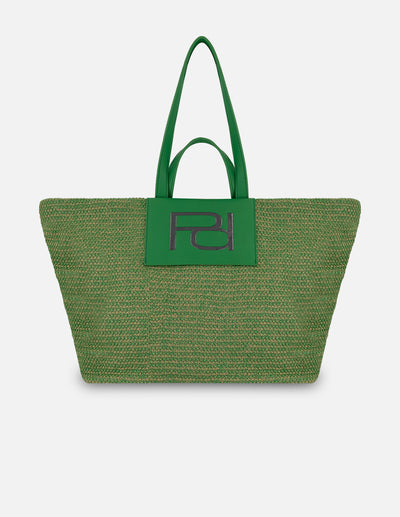 Tote verde en rafia para mujer con parche frontal