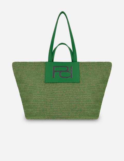 Tote verde en rafia para mujer con parche frontal