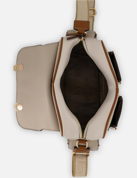 Bandolera beige vegana para mujer con herrajes decorativos