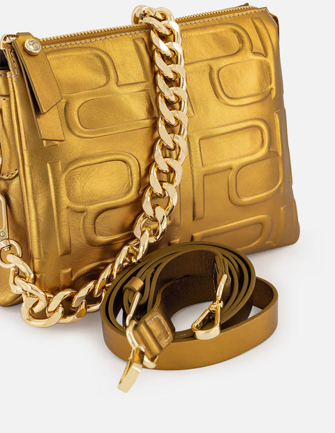 Bandolera oro piel para mujer con maxi letras Pd grabadas