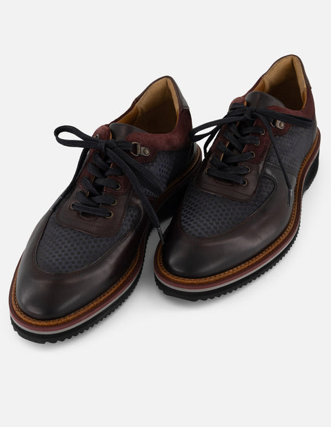 Zapato Oxford vino piel y ante para hombre con combinación de materiales