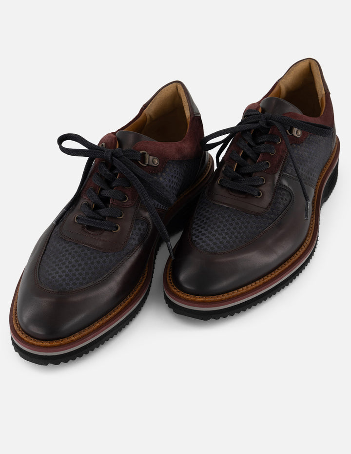 Zapato Oxford vino piel y ante para hombre con combinación de materiales