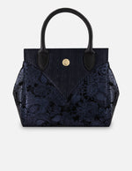 Bolso de mano azul ante para mujer con botón y león