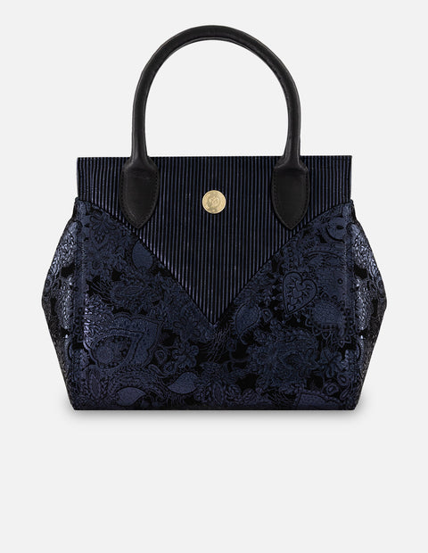 Bolso de mano azul ante para mujer con botón y león