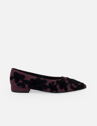 Flats vino ante para mujer con flores bordadas