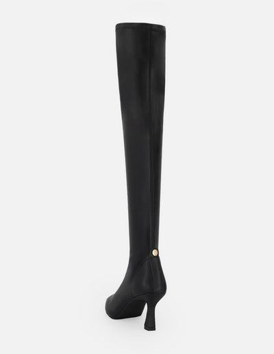 Bota negra lycra piel para mujer con tacón geométrico