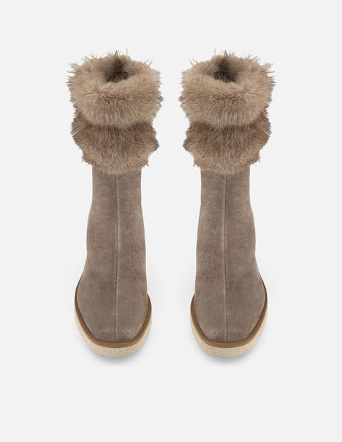 Botines beige ante y pelo para mujer con aplicación tipo pelo