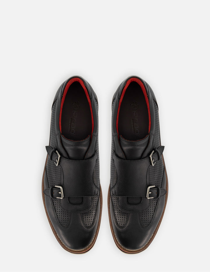 Monk de piel napa color negro con picado para hombre