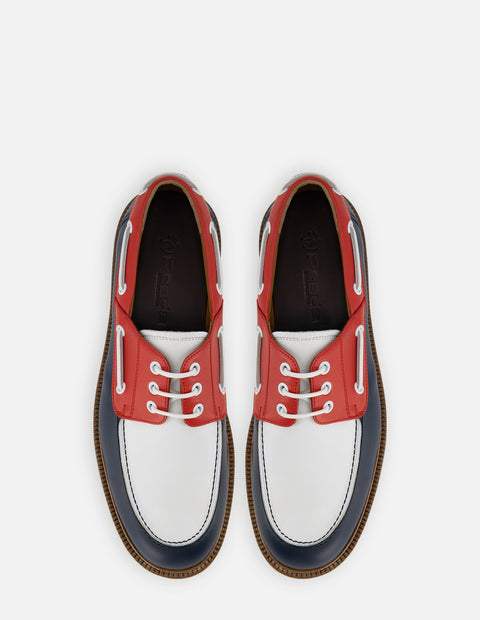 Blucher náutico en piel azul y roja para hombre