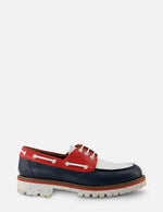 Blucher náutico en piel azul y roja para hombre