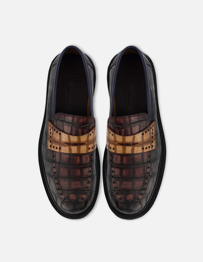 Mocasín en piel napa multicolor con grabado tipo coco para hombre.