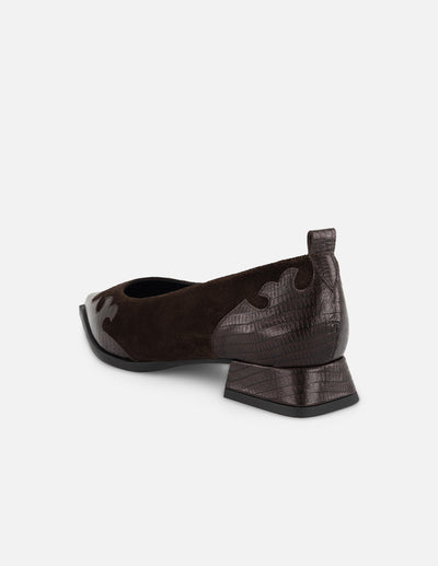 Flats café grabado tejus para mujer con combinación de materiales