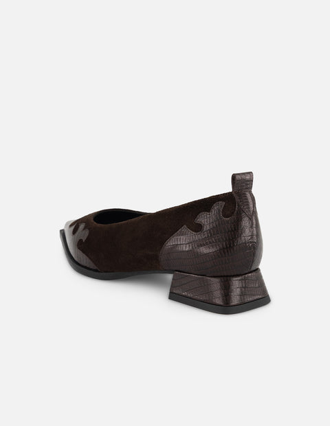 Flats café grabado tejus para mujer con combinación de materiales