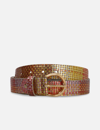 Cinturón en piel metalizada con grabado tejido multicolor
