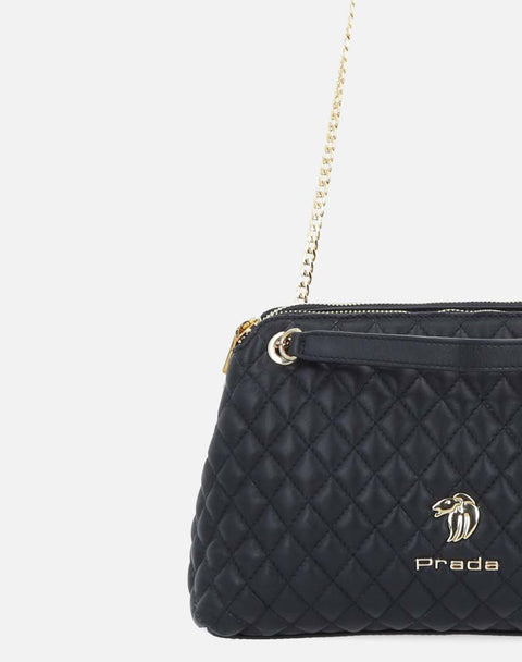 Bolso bandolera de piel capitonada color negro para mujer con detalles en color dorado