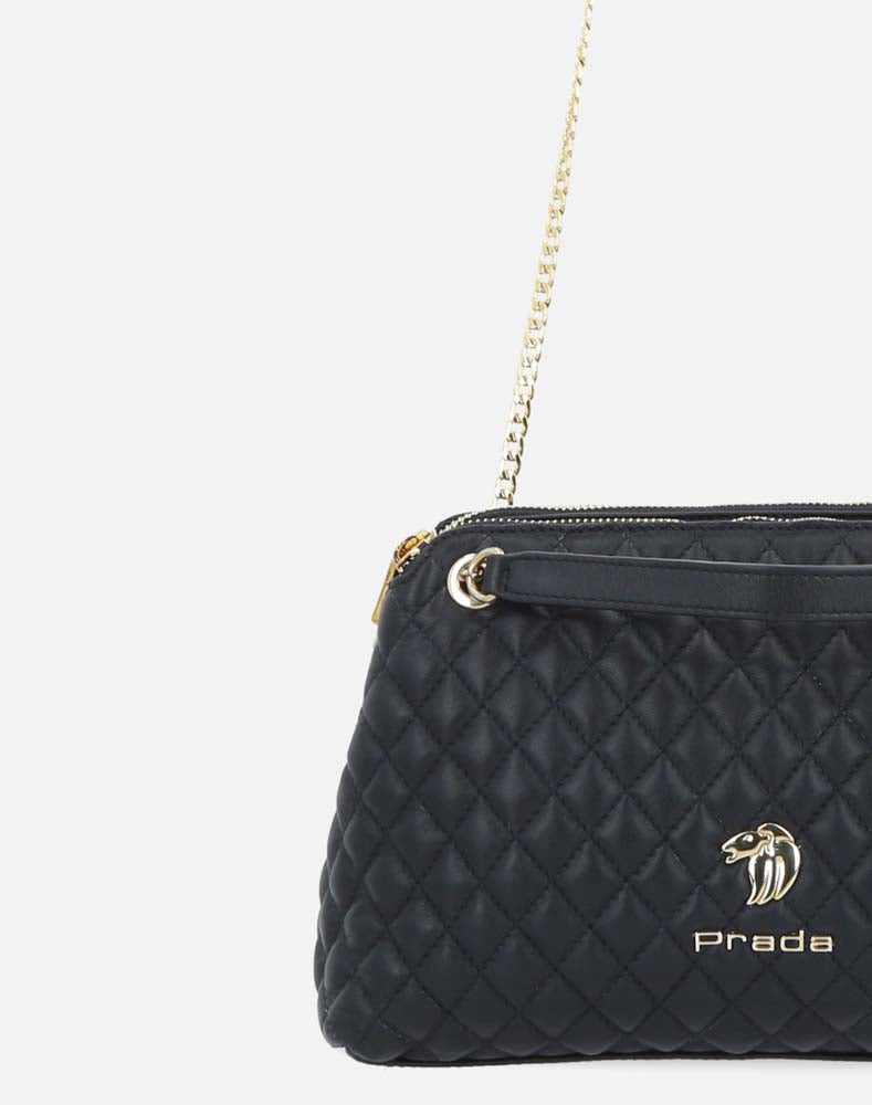 Bolso bandolera de piel capitonada color negro para mujer con detalles en color dorado