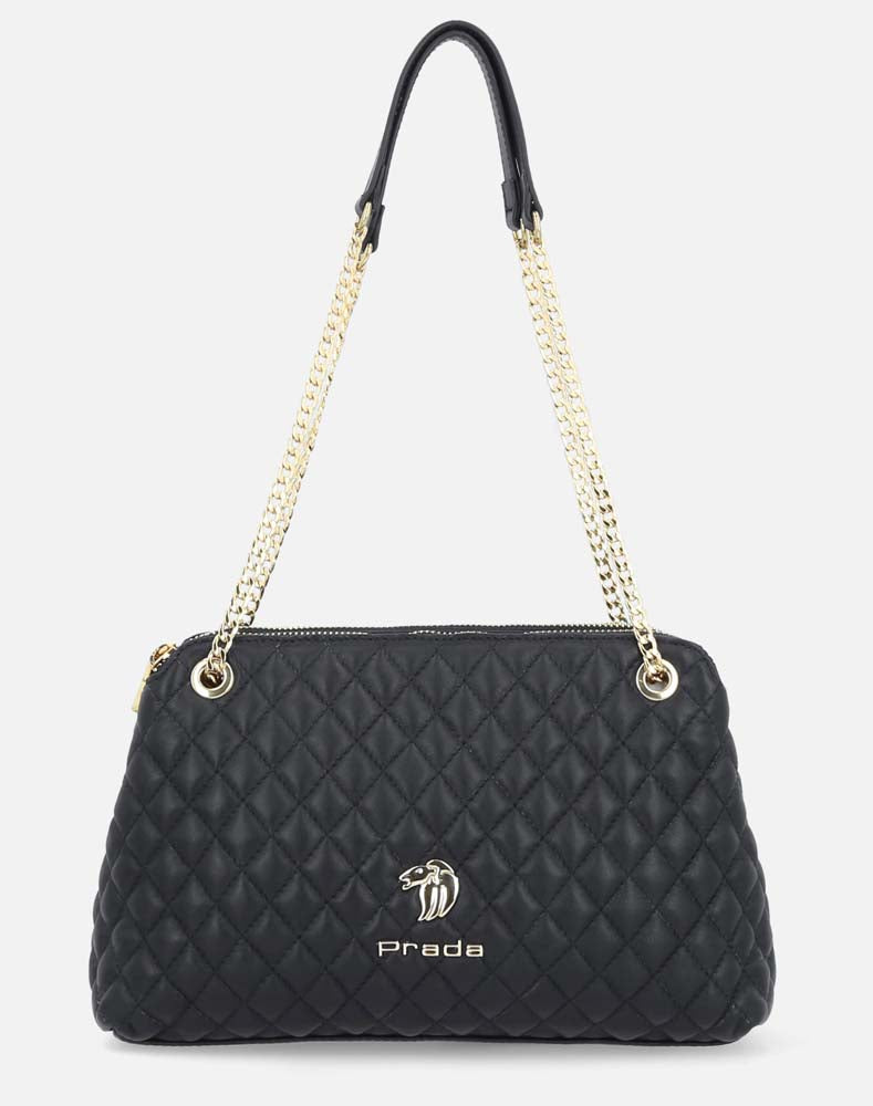 Bolso bandolera de piel capitonada color negro para mujer con detalles en color dorado