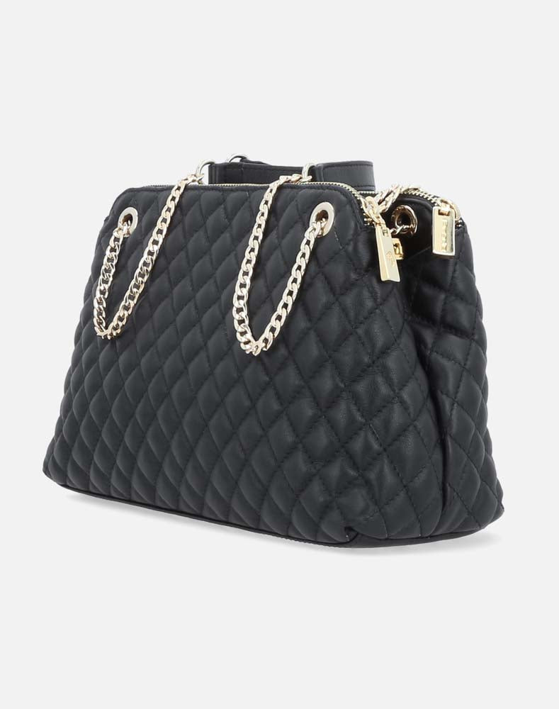 Bolso bandolera de piel capitonada color negro para mujer con detalles en color dorado