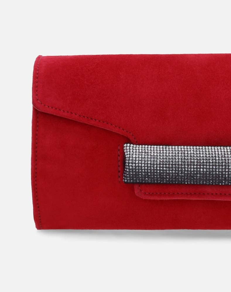 Bolso clutch de ante rojo con muñequera de piedrería para mujer