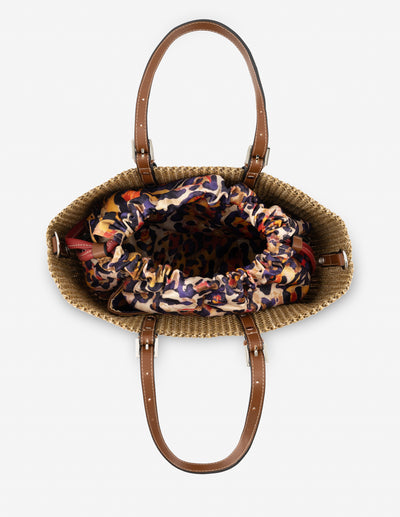 Bolso shopper en rafia color cuero para mujer