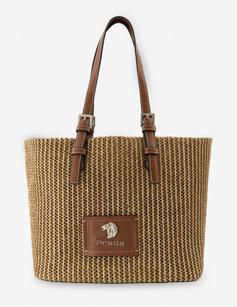 Bolso shopper en rafia color cuero para mujer