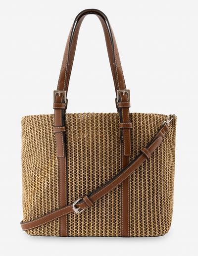 Bolso shopper en rafia color cuero para mujer