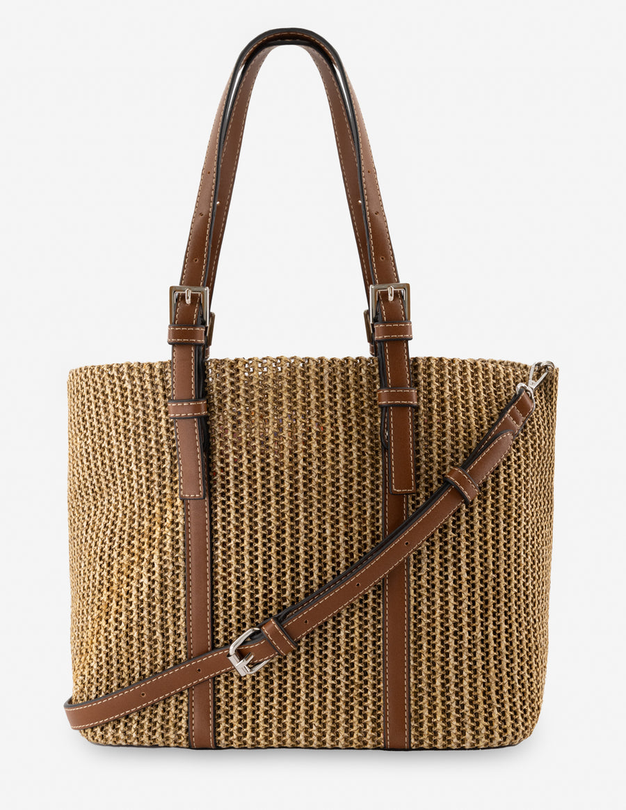 Bolso shopper en rafia color cuero para mujer