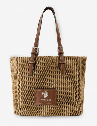 Bolso shopper de rafia color arena para mujer con asas de piel