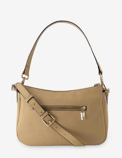 Bolso bandolera con grabado “Pd” en piel color arena para mujer