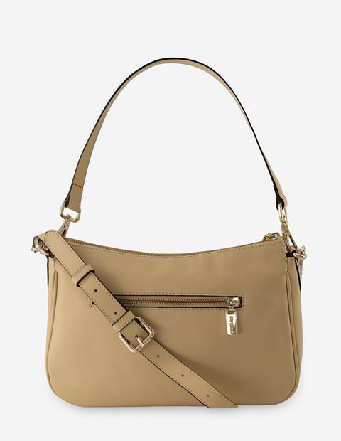 Bolso bandolera con grabado “Pd” en piel color arena para mujer