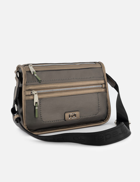 Bandolera en textil color plateado para mujer con detalle Pd