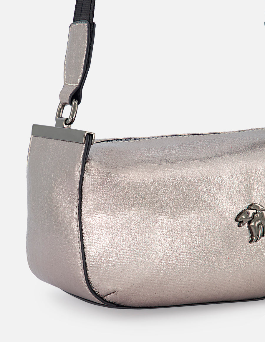 Bolso bandolera de textil metalizado color plateado para mujer con detalles en piel