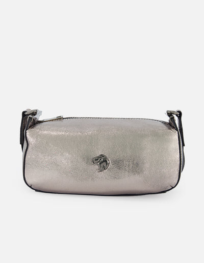 Bolso bandolera de textil metalizado color plateado para mujer con detalles en piel