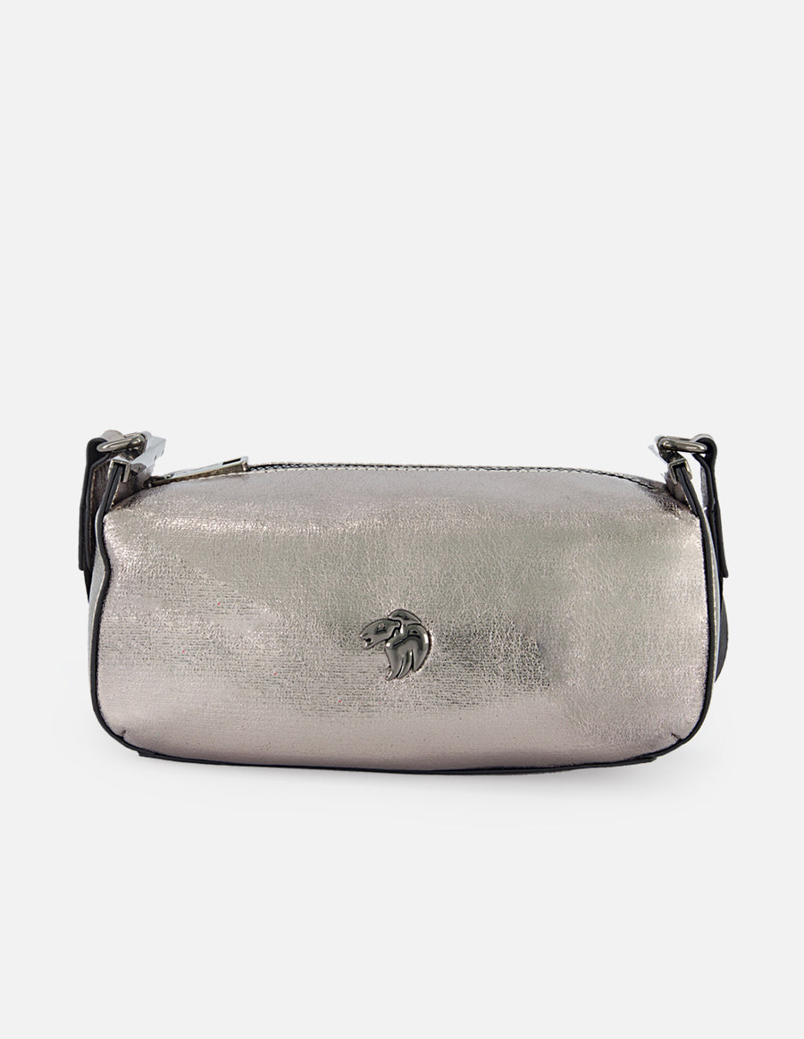Bolso bandolera de textil metalizado color plateado para mujer con detalles en piel