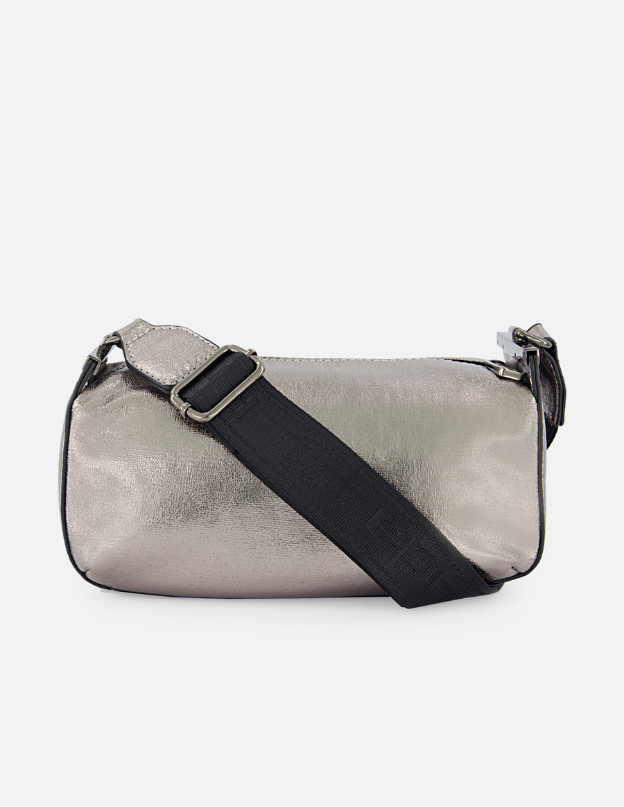 Bolso bandolera de textil metalizado color plateado para mujer con detalles en piel
