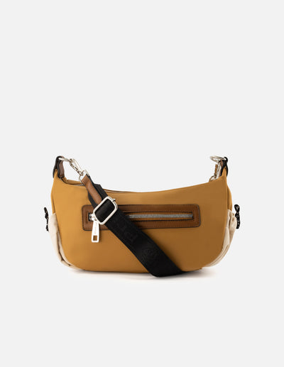 Bolso de hombro de nylon color beige para mujer con detalles en contraste color blanco