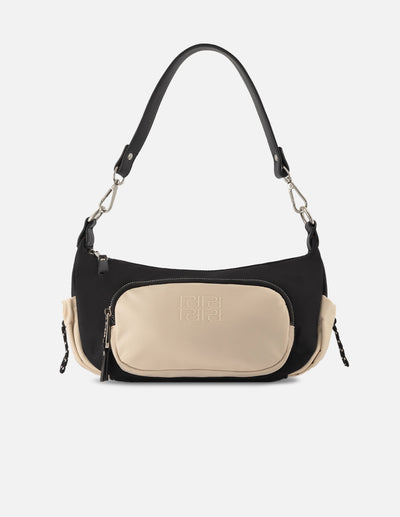 Bolso de hombro de nylon color blanco para mujer con detalles en contraste color negro