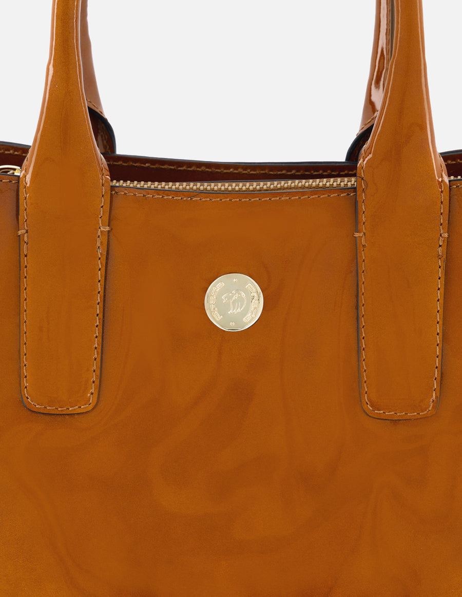 Bolso de mano de charol color cuero para mujer