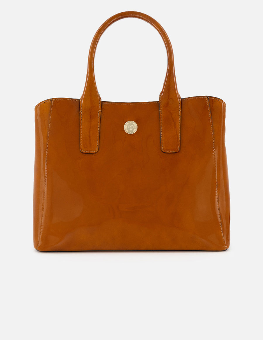 Bolso de mano de charol color cuero para mujer