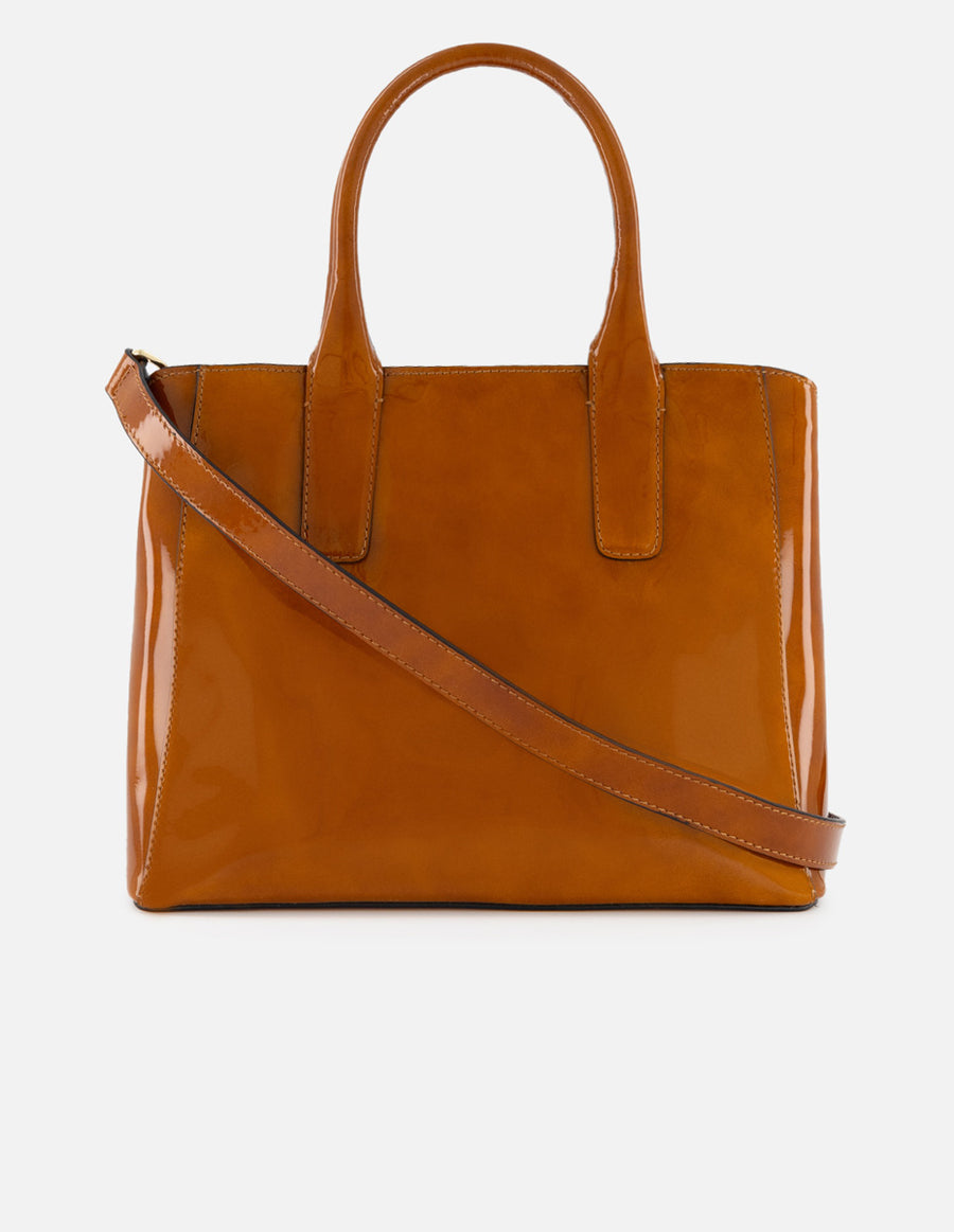Bolso de mano de charol color cuero para mujer