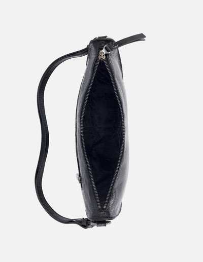 Bolso bandolera asimétrico de charol en color negro para mujer
