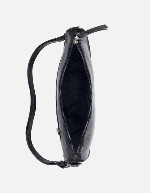 Bolso bandolera asimétrico de charol en color negro para mujer