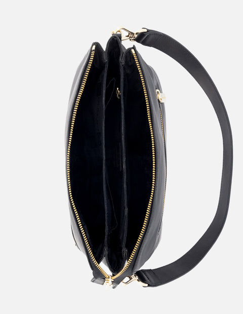 Bolso bandolera de piel color negro para mujer y detalles color dorado