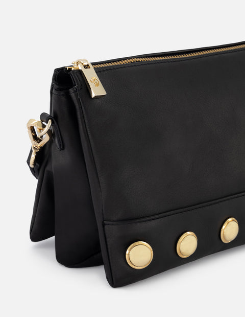 Bolso bandolera de piel color negro para mujer y detalles color dorado
