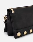 Bolso bandolera de piel color negro para mujer y detalles color dorado